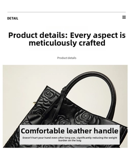 Dettaglio del motivo a rose in rilievo su borsa in vera pelle nera con manici robusti