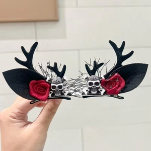 Gothic Halloween hair clips with black antlers, red roses, and skulls on hair pins