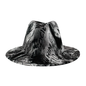 Graffiti print fedora hat in black and white felt with social street style pattern