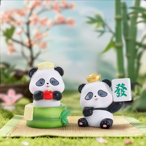 Creative panda figurines set with mahjong and apple design on bamboo base