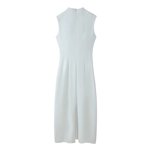 White sleeveless maxi dress with high neck and back zipper closure for summer fashion