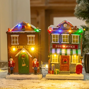 LED lighted Christmas resin miniature toy store and post office house figurines set
