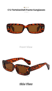 Detail view of tortoiseshell rectangular sunglasses with gold rivets and brown lenses