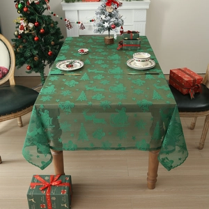 Christmas Lace Tablecloth Green Polyester Mesh Santa Reindeer Pattern Holiday Party Dining Room Table Decor