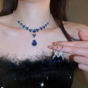 Elegant Waterdrop Flower Necklace And Earrings Deep Blue Zircon Pendant Jewelry With Silver Earring Post For Women