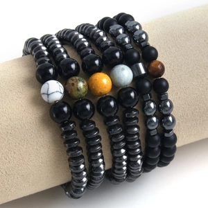 Set of 4 men's beaded bracelets with matte black stone and polished hematite beads