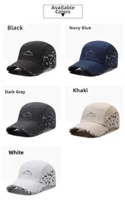Détail de cinq casquettes en maille avec logo montagne TDIZOUTDOOR et accents camouflage