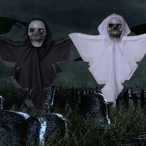 Halloween hanging skeleton ghosts in black and white fabric for spooky party decor