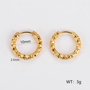 Polished gold stainless steel hoop earrings with geometric texture, 10mm diameter size