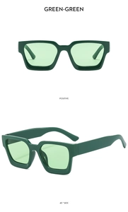 Front and 45-degree side views of dark green square sunglasses with thick frames