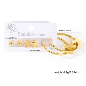 Detailed view of stainless steel earring set with heart flowers and gold finish