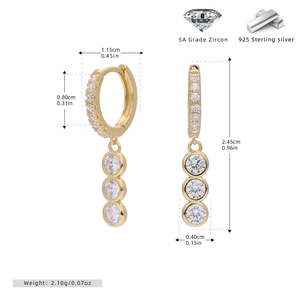 Detail view of 925 sterling silver earrings with triple vertical 5A cubic zirconia stones