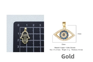 Detailed view of Hamsa Hand and Evil Eye pendant with 15x22mm size and weight specs