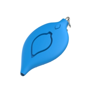 Close-up of blue leaf-shaped personal safety alarm with silver metal keychain on white background