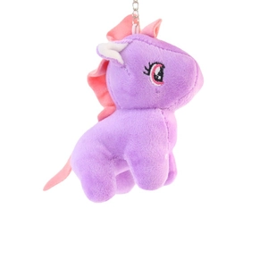 Cute purple plush unicorn keychain with pink mane and silver metal chain accessory