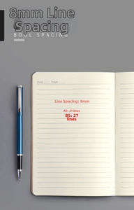 Detail view of B5 kraft notebook inner pages with 8mm ruling and a sleek rollerball pen