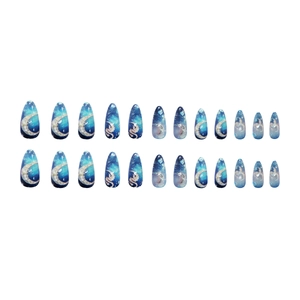 Press on nails set featuring 24pcs deep blue starry night design with moon patterns