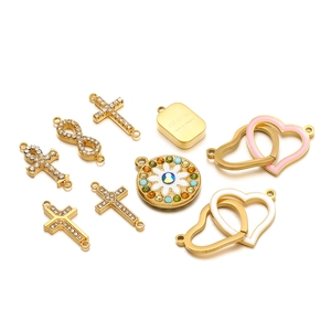 Gold stainless steel DIY charms with rhinestones and enamel including cross and heart shapes