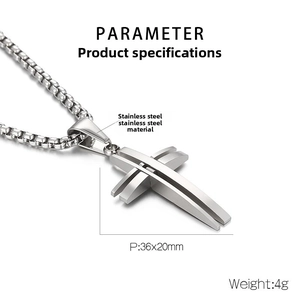 Detail of silver stainless steel cross pendant with 36x20mm product dimensions