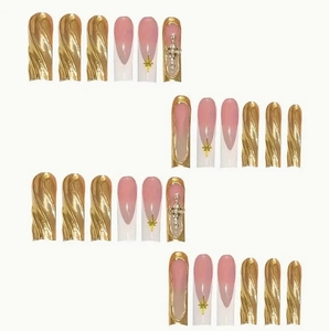 Golden wave pattern press-on nails with luxury rhinestone stars and cross decorations