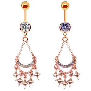 Piercings de nombril en or rose avec pendentifs lune et étoiles et cristaux brillants