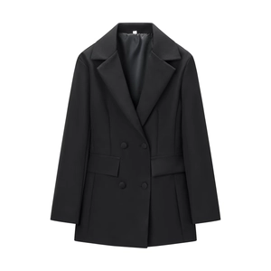 Elegant black deep V-neck blazer dress with long sleeves and tulip waist for women