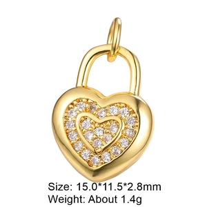 Detailed view of gold heart lock pendant with white zircon and size specifications