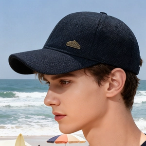 Men's navy thermal baseball cap with plush lining and golden China peak emblem
