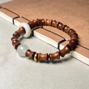 Bracelet En Bois De Santal Style Zen Avec Motifs De Bambou Et Perles Lumineuses Entretoises Métalliques Pour Unisexe