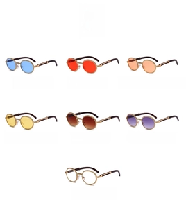 Detail of round sunglasses collection featuring diamond chain frames and wooden temples