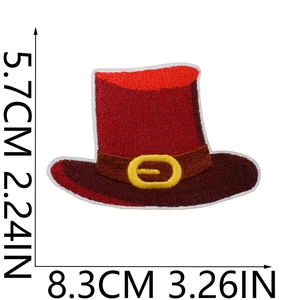 Detail view of red embroidered hat patch with dimensions 5.7cm by 8.3cm on white background