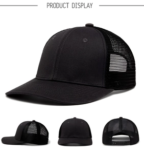 Detailed multi-angle views of a breathable black trucker hat with mesh back and snapback
