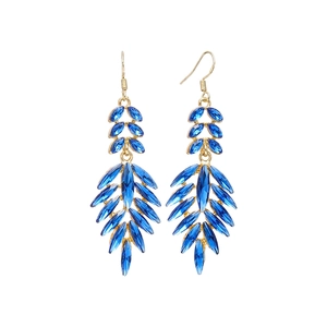 Luxurious gold leaf drop earrings featuring marquise cut deep blue crystals and tassels