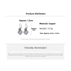 Detail of cubic zirconia heart crown earrings with precise size 4cm and weight 13.2g