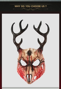 Detailed view of scary bone mask with antlers and realistic blood splatters for Halloween