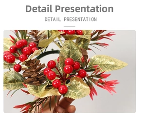 Detail of Christmas candle ring with red berries, pine cones, and gold leaves decoration