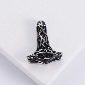 Vintage stainless steel Mjölnir pendant with Celtic knots and Viking skull motifs