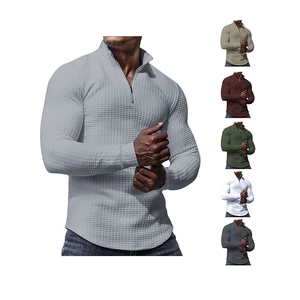 Men's waffle knit quarter-zip pullover sweater with stand collar in multiple colors
