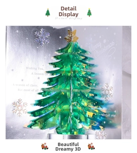 Detail of 3D pop-up Christmas tree card with laser-cut metallic green finish and snowflakes