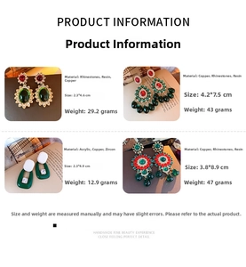 Detailed specs of retro flower drop earrings with rhinestones, resin, and zircon details