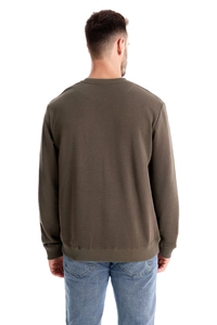 Detail of dark brown sweatshirt showing ribbed cuffs, hem and premium knit texture on back