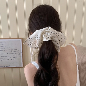 Polka Dot Large Bow Hair Scrunchie Elegant Fabric Ribbon Ponytail Holder French Style Soft Hair Tie For Women