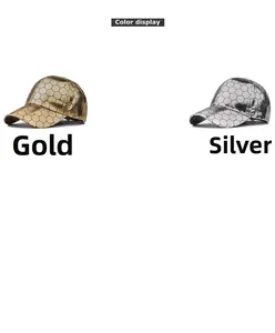 Detail showing gold and silver baseball caps with a unique metallic honeycomb texture