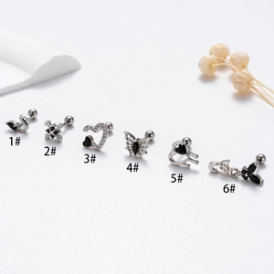 Stainless steel screw back stud earrings set with black zircon and butterfly heart motifs