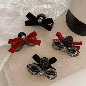 Velvet Bowknot Hair Claw Clip With Rhinestones Small Shark Clip Elegant Hair Accessories For Women