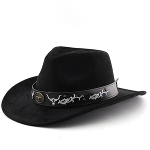 Black faux suede western cowboy hat with bull skull embroidery and metal stud details