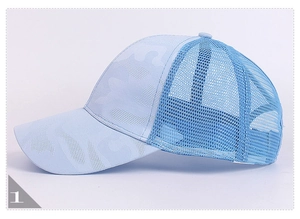 Close-up of light blue ponytail mesh trucker hat with stylish camo print texture