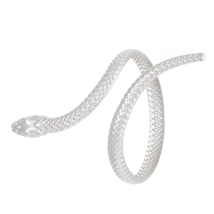 Macro detail of silver snake-shaped wrap bracelet featuring intricate scale texture