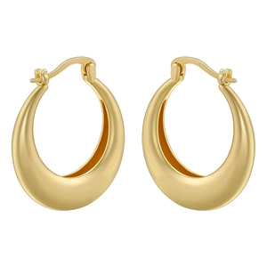 Detail view of 18K gold plated hoop earrings with a polished surface and sleek C-shape design