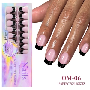 Detail of 150pcs black and pink French soft gel press-on nails in 15 sizes